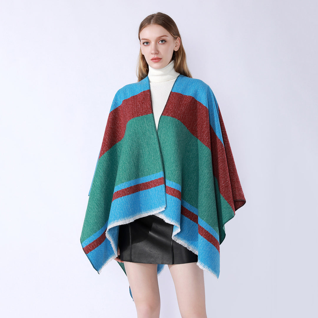 Damen Leichter Capeponcho aus Feinstrick mit geometrischem Blockstreifen-Design Drune
