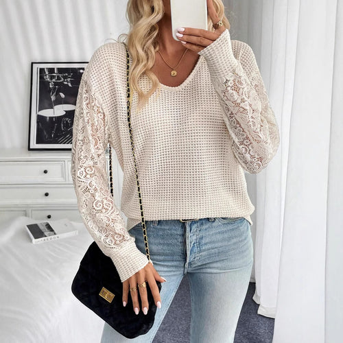 Damen nan locker geschnittener Waffelstrick-Pullover mit floralen Spitzeneinsätzen an den Ärmeln Drune