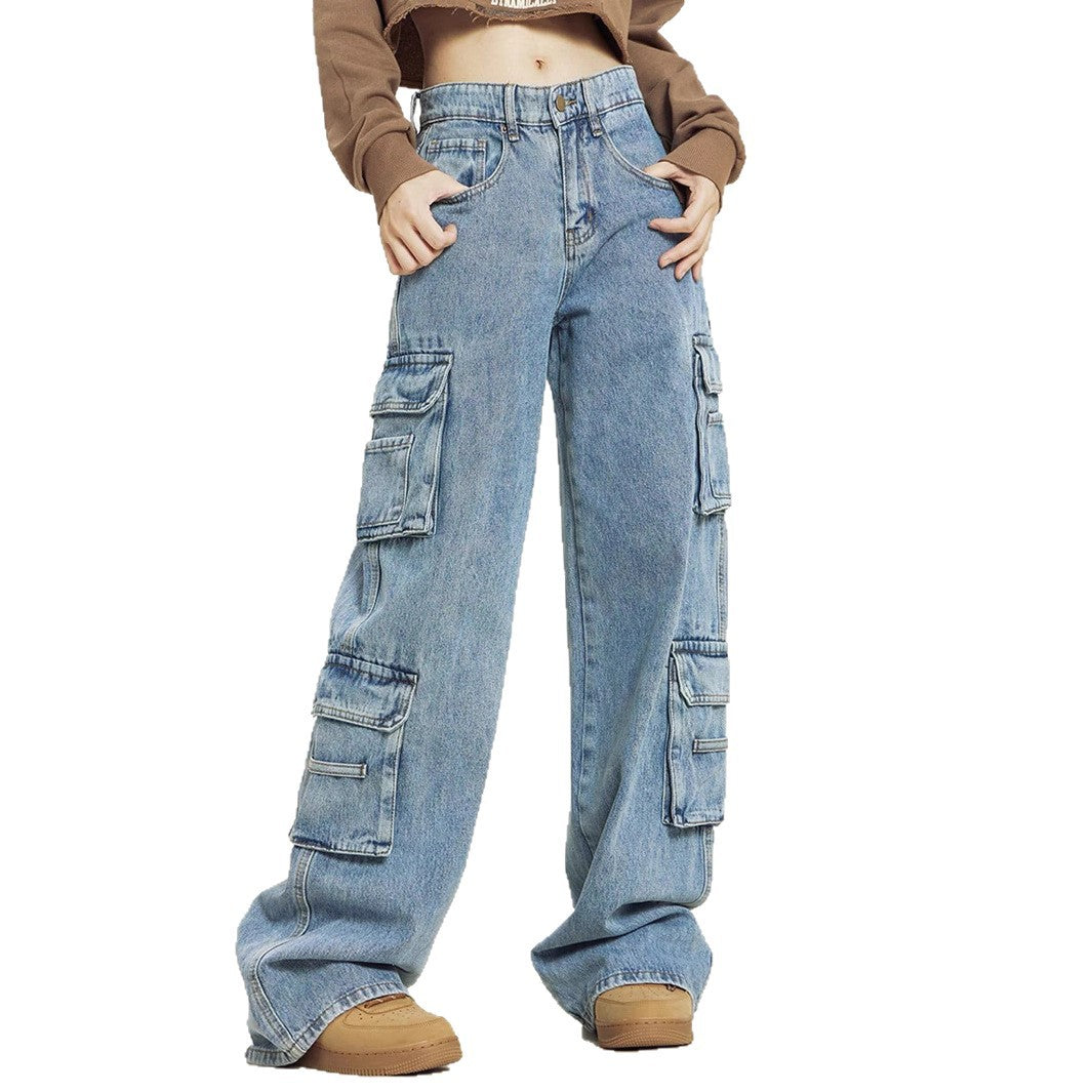Damen Weite Cargo-Denim-Jeans mit mehreren Klapptaschen und relaxed Fit Drune