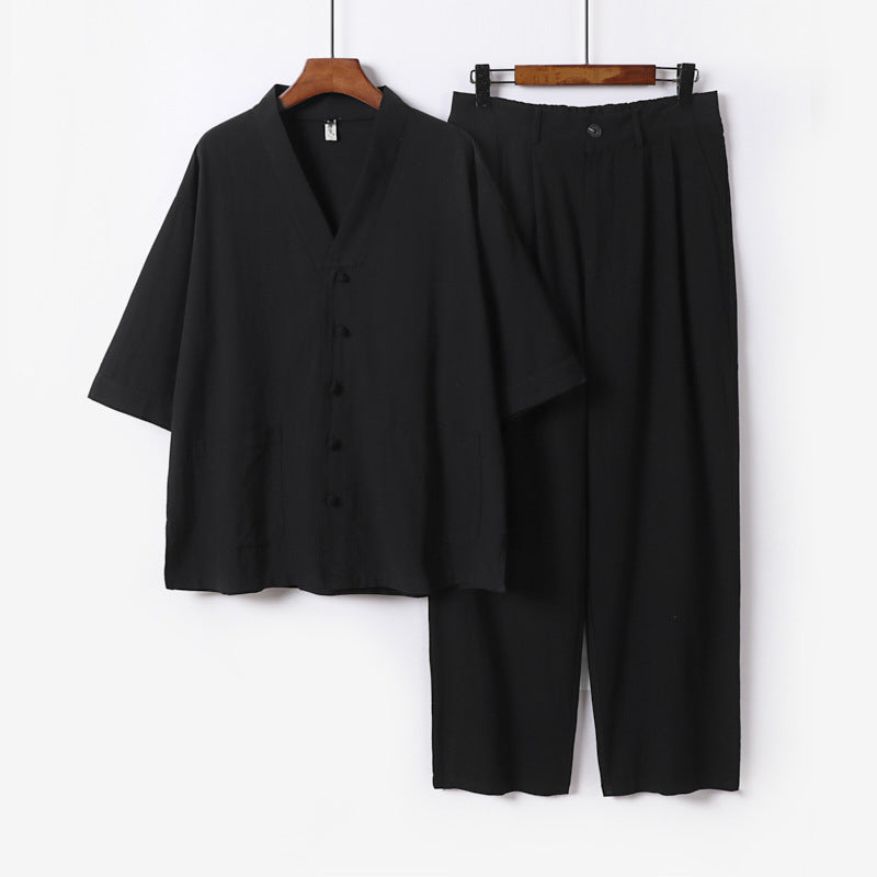 Unisex Zen-inspiriertes Relax-Set mit Kurzarm-Kimono-Oberteil, verdeckter Knopfleiste und elastischer Bundhose Drune