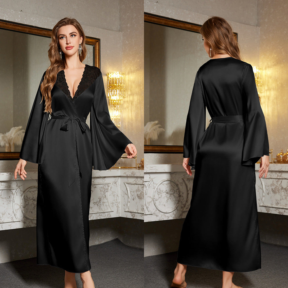 Damen Satin Kimono-Robe mit eleganten Spitzenverzierungen und weitem Schnitt Drune