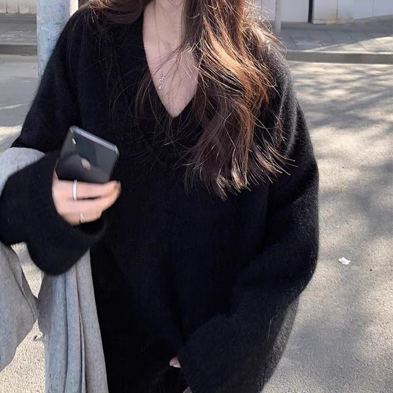 Damen Oversize V-Ausschnitt-Pullover im Mohair‑Look Drune