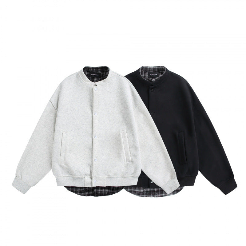Herren Oversize-Sweatjacke im College‑Stil mit verdeckter Druckknopfleiste und kariertem Innenfutter Drune