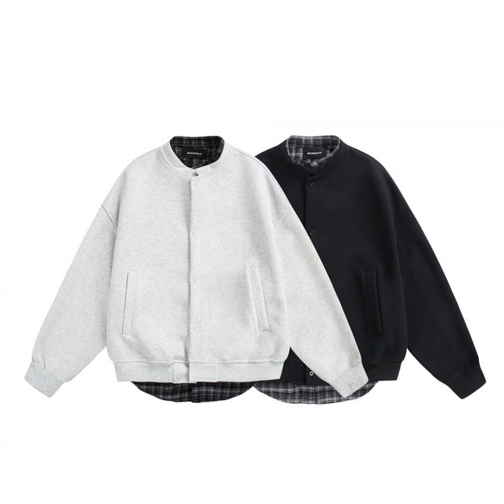 Herren Oversize-Sweatjacke im College‑Stil mit verdeckter Druckknopfleiste und kariertem Innenfutter Drune