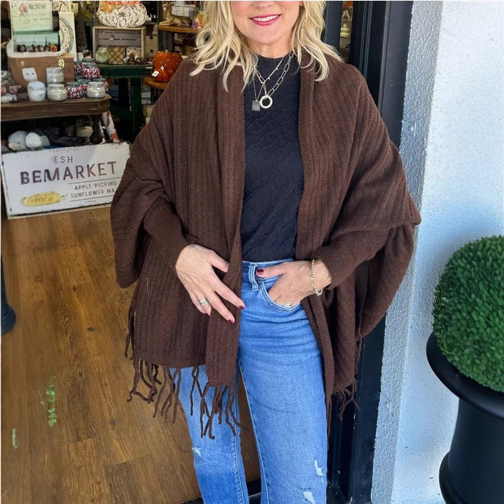 Damen vielseitiger Poncho mit Fransen Drune