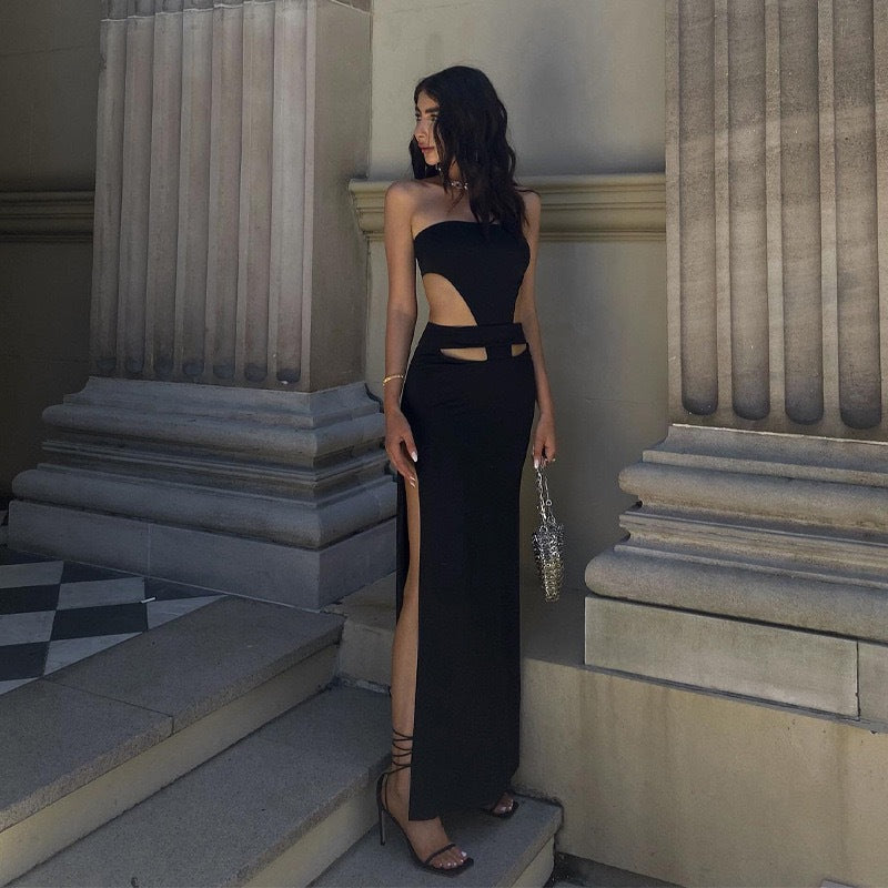 Damen Maxi-Kleid mit elegantem Asymmetrischem Ausschnitt und Innovativem Cut-Out-Design Drune
