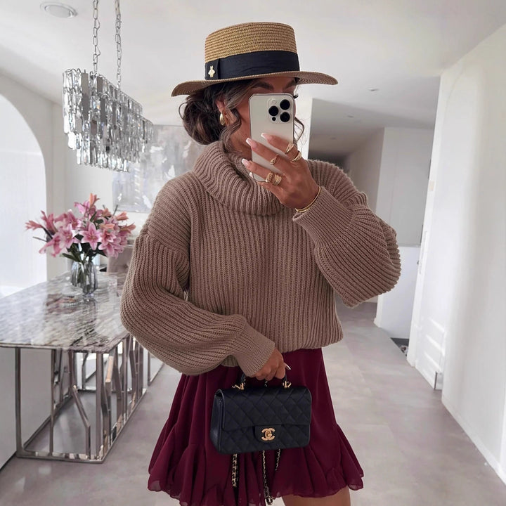 Damen Strickpullover mit hohem Kragen und voluminösen Ärmeln Drune