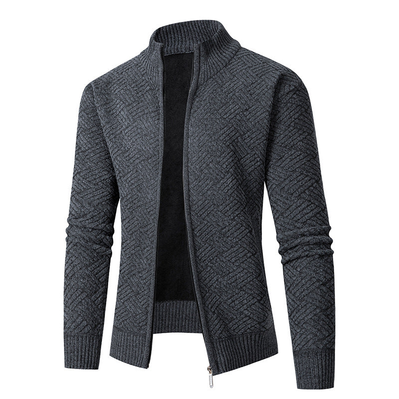 Herren Thermo-Strickjacke mit durchgehendem Reißverschluss, gefüttertem Stehkragen und geometrischem Strukturmuster Drune