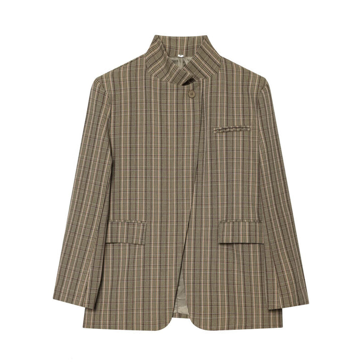 Damen Kastenförmiger Glencheck-Blazer mit Stehkragen und Pattentaschen Drune