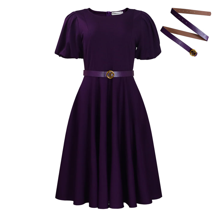 Damen Midi-Kleid mit Puffärmeln und tailliertem Gürtel Drune