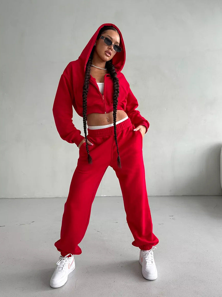 Damen kurzes Zip-Kapuzensweatshirt mit tailliertem Bündchen und weitem High‑Waist French‑Terry Jogginghose Set Drune