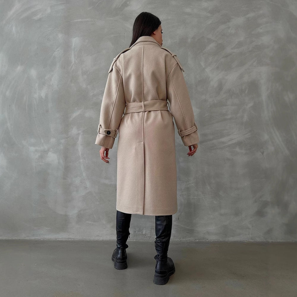 Damen Oversize Wollmix-Mantel mit doppelreihiger Knopfleiste und Taillengürtel Drune