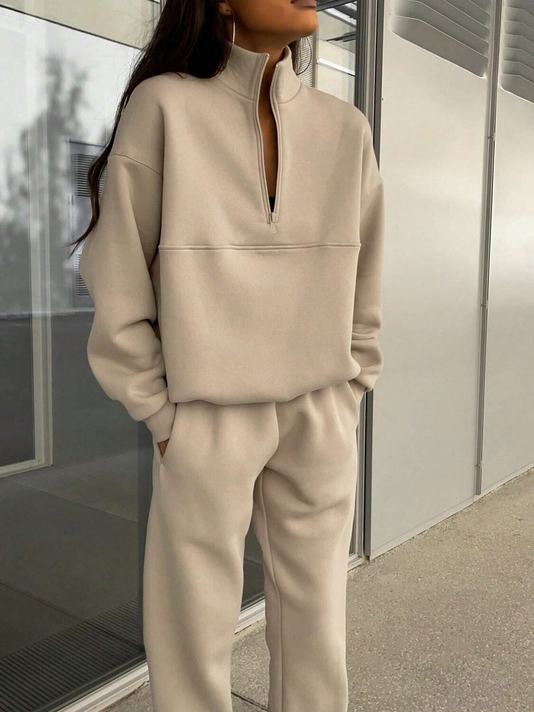 Damen nan Oversize Half-Zip Sweatshirt mit Stehkragen und weicher Jogginghose Drune