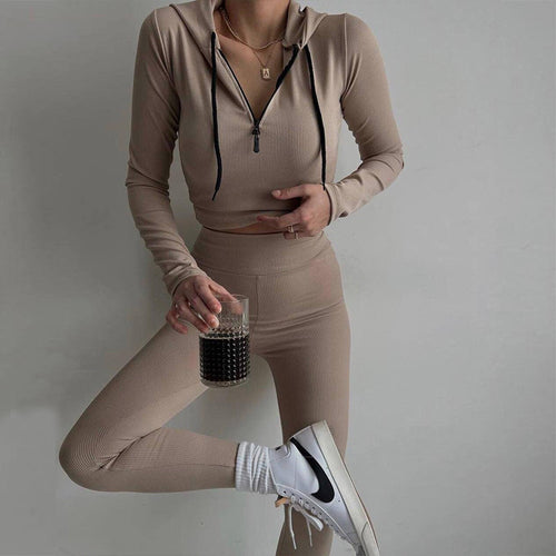 Damen figurnahes Rippjersey-Halbzip-Set mit tailliertem Longsleeve und High-Waist-Leggings Drune