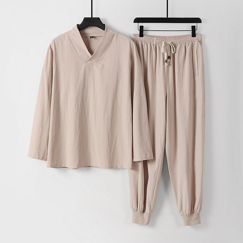 Herren Leichtes Kimono-Loungewear-Set aus Baumwollmix mit V‑Ausschnitt und elastischer Bündchenhose Drune