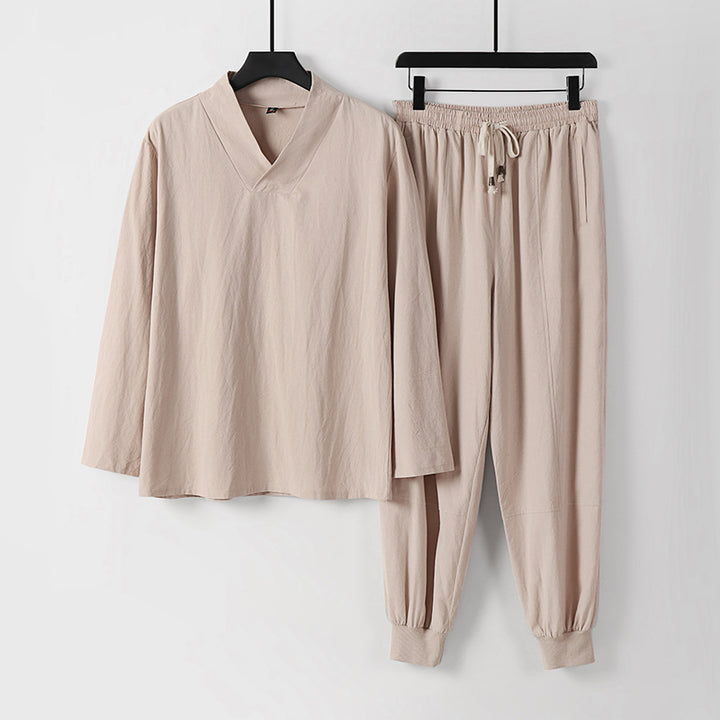 Herren Leichtes Kimono-Loungewear-Set aus Baumwollmix mit V‑Ausschnitt und elastischer Bündchenhose Drune