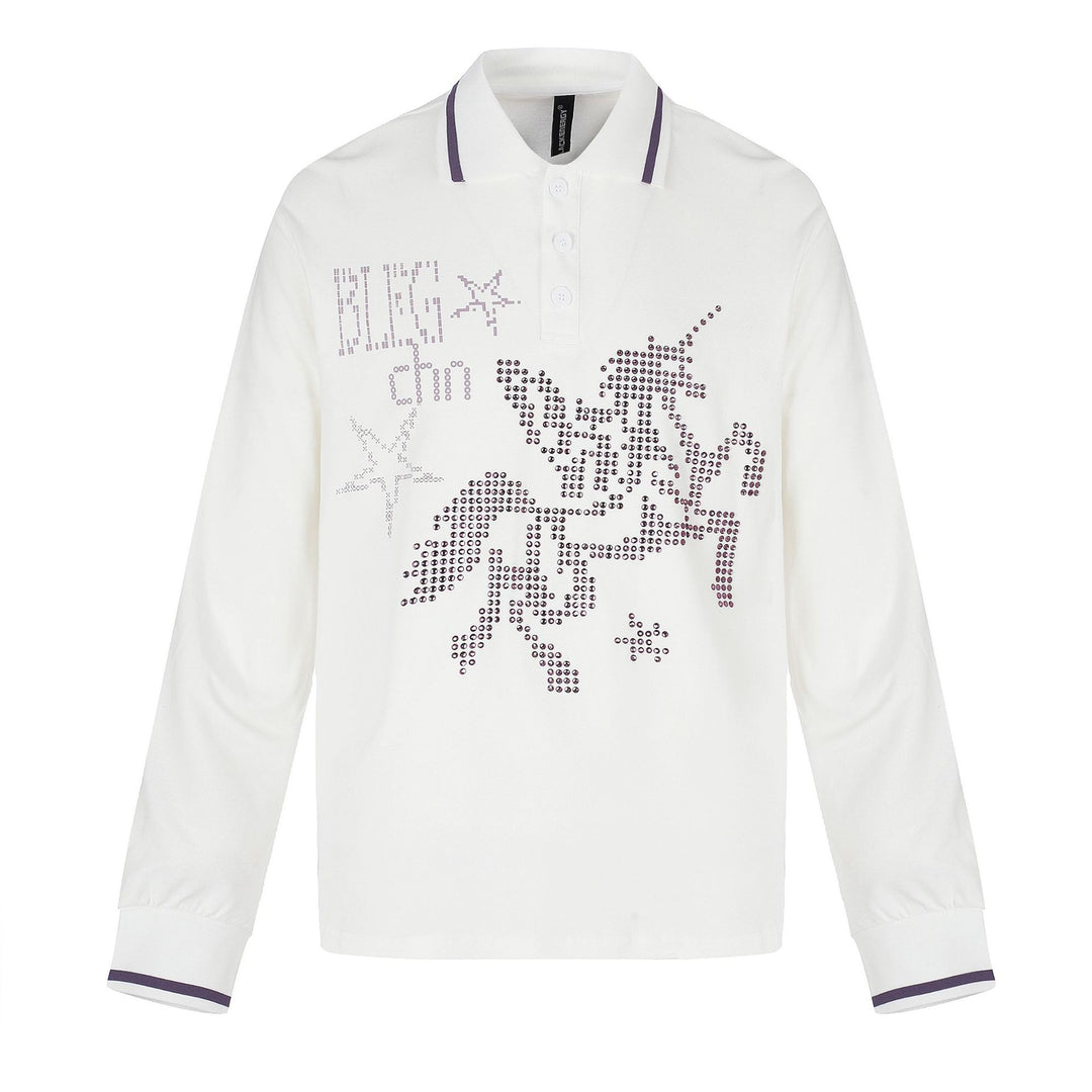 Damen Langarm-Poloshirt mit Strass-Applikation und kontrastierenden Bündchen Drune