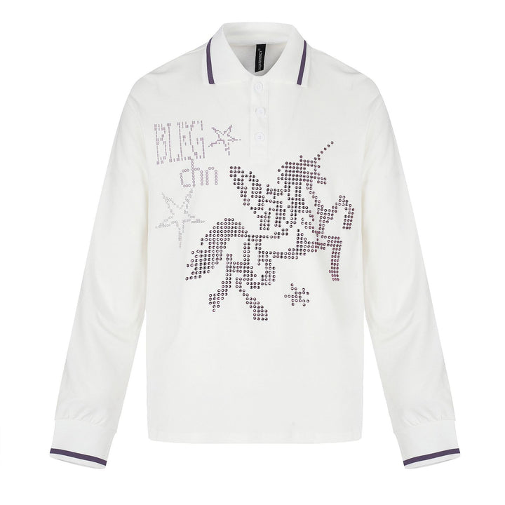 Damen Langarm-Poloshirt mit Strass-Applikation und kontrastierenden Bündchen Drune