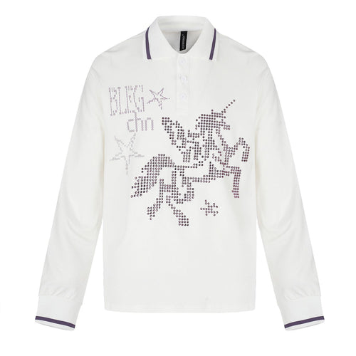 Damen Langarm-Poloshirt mit Strass-Applikation und kontrastierenden Bündchen Drune