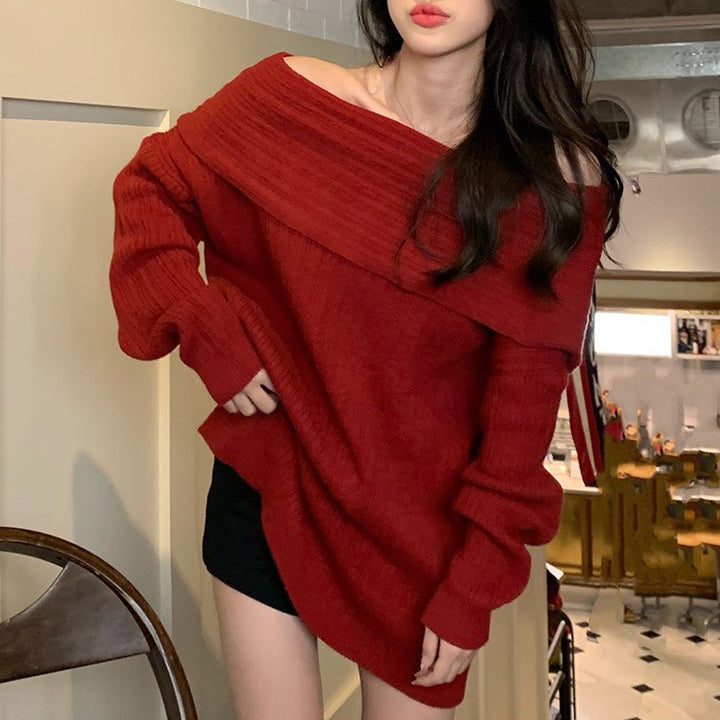 Damen Oversized Pullover mit lässigem Off-Shoulder Design und feiner Rippstruktur Drune
