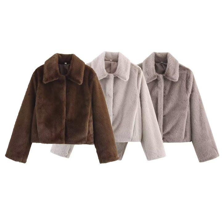 Damen Cropped Kunstfell‑Blouson mit Umlegekragen und weichem Teddy‑Fauxfur Drune