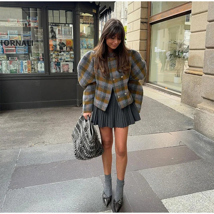 Damen Karierte Kurzjacke mit voluminösen Ärmeln Drune