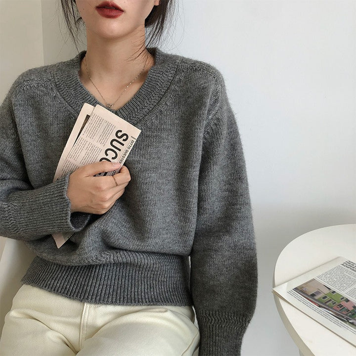 Damen V-Ausschnitt Pullover mit weitem Bündchen Drune