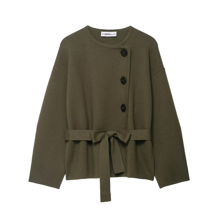 Damen Strickjacke mit asymmetrischer Knopfblende und Taillengürtel Drune