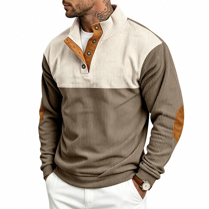 Herren Strukturierter Troyer-Pullover mit Stehkragen, Druckknopfleiste und Ellbogen‑Patches Drune
