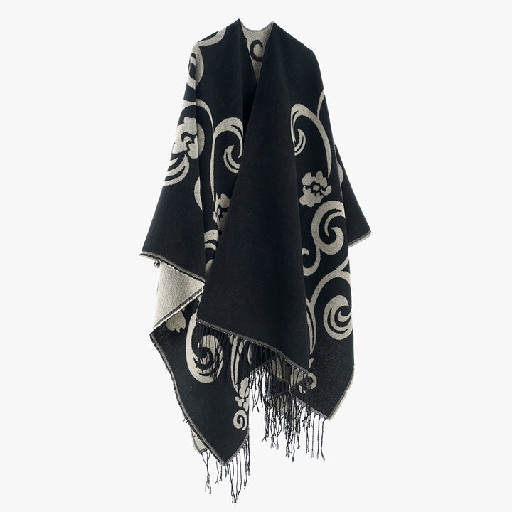 Damen Jacquard-Überwurf im Umhangstil mit Wendefunktion und Fransensaum Drune
