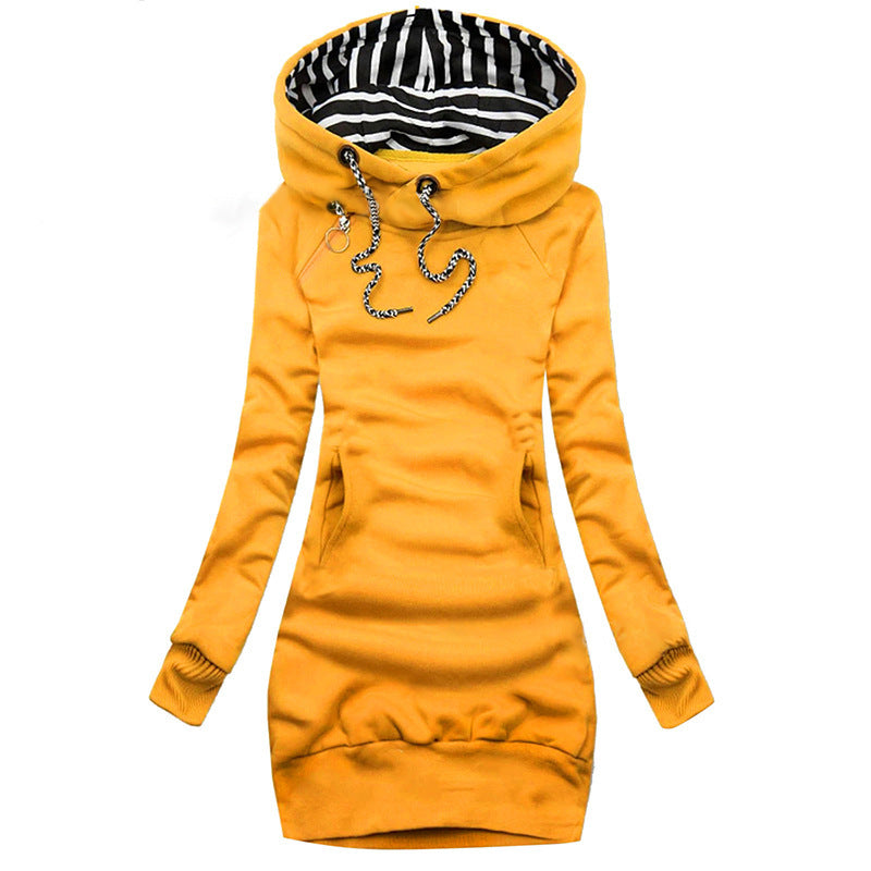 Damen Hoodie-Midi-Kleid mit weitem Funnel-Neck, gestreifter Innenseite und Kängurutaschen Drune