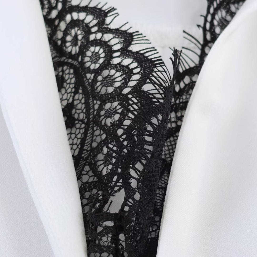 Damen Seidige Oversize-Bluse mit Spitzeneinsatz und Hemdkragen Drune