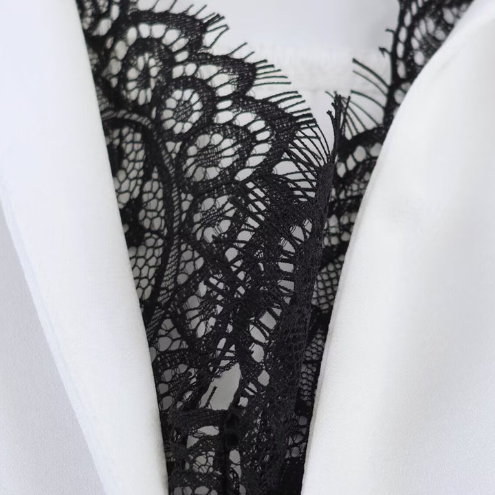 Damen Seidige Oversize-Bluse mit Spitzeneinsatz und Hemdkragen Drune