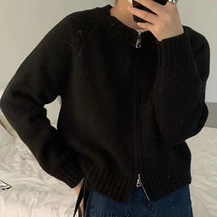 Damen Kuscheliger Cardigan mit Reißverschluss und breitem Rippabschluss Drune