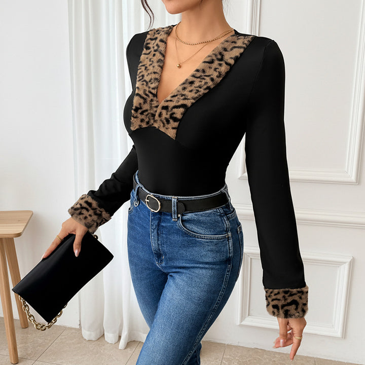 Damen Taillierter Longsleeve-Body mit Leoparden-Kragen und Kunstfellmanschetten Drune
