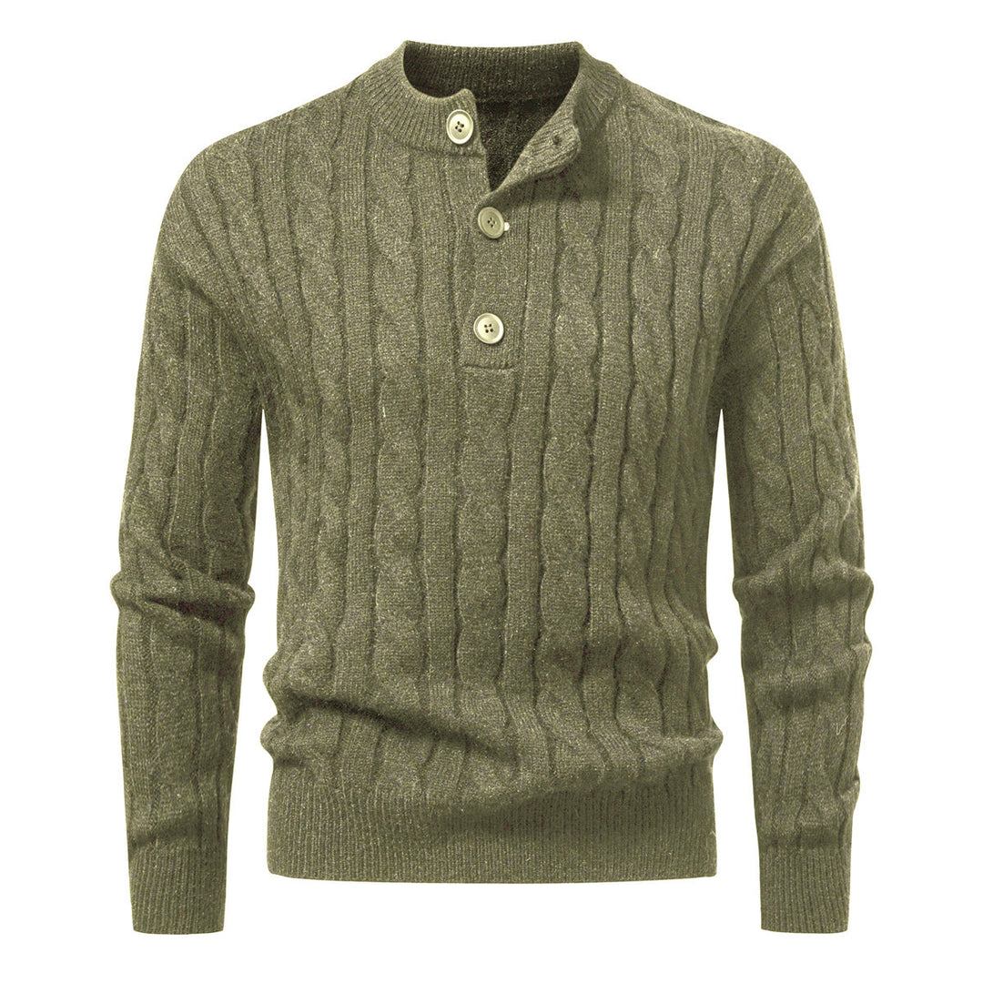 Herren Zopfmuster-Pullover mit kurzer Knopfleiste und Stehkragen Drune