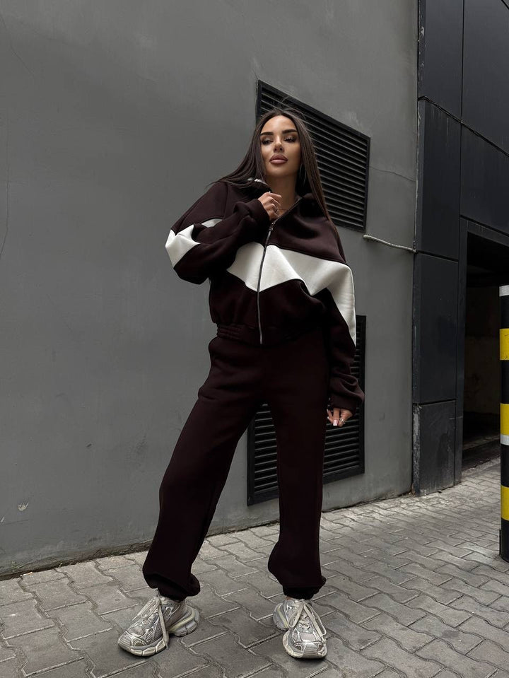 Damen Athleisure-Zweiteiler aus schwerem Neopren-Fleece mit geometrischen Teilungsnähten und hoher Taille Drune