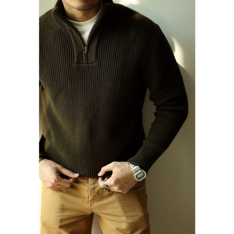 Herren Grobgerippter Halbzip-Strickpullover mit Stehkragen Drune