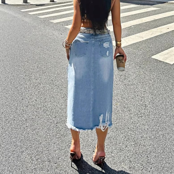 Damen Denim-Midirock mit Fransen Frontschlitz und Used-Effekten Drune
