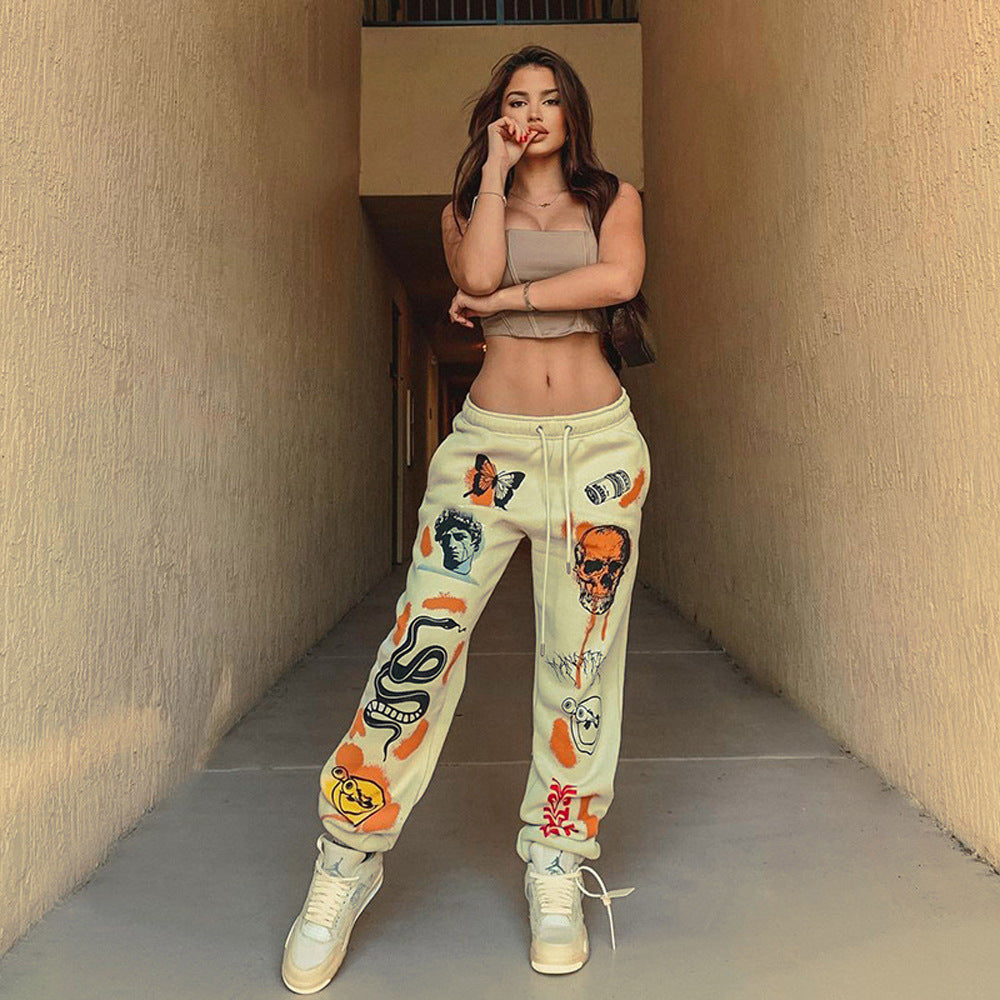 Damen Baggy Jogginghose mit kreativen Grafikdetails Drune