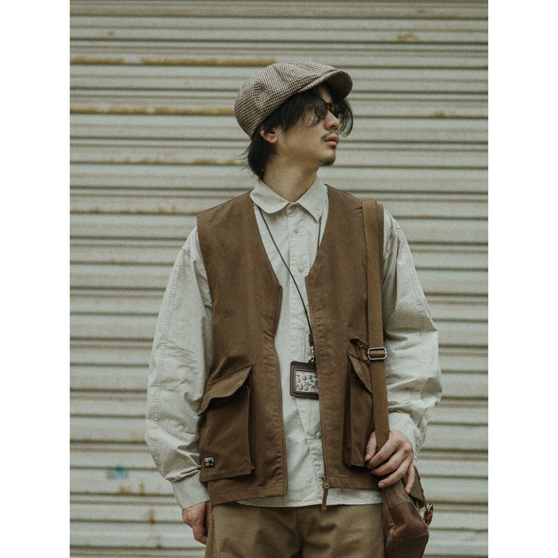 Herren Multifunktionale Canvas-Utility-Weste mit Fronttaschen und Reißverschluss Drune
