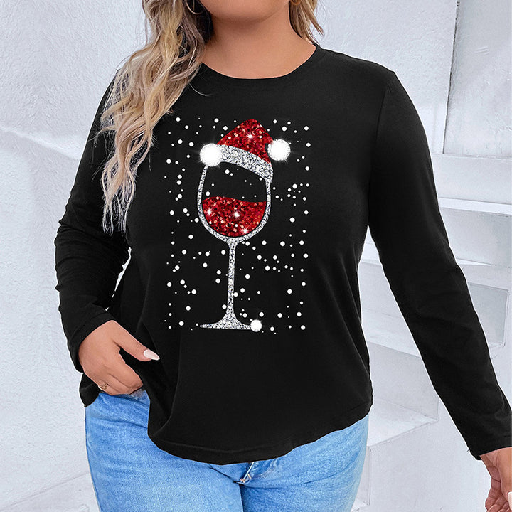 Damen Langarmshirt mit funkelndem Weihnachts-Weinglas-Print Drune