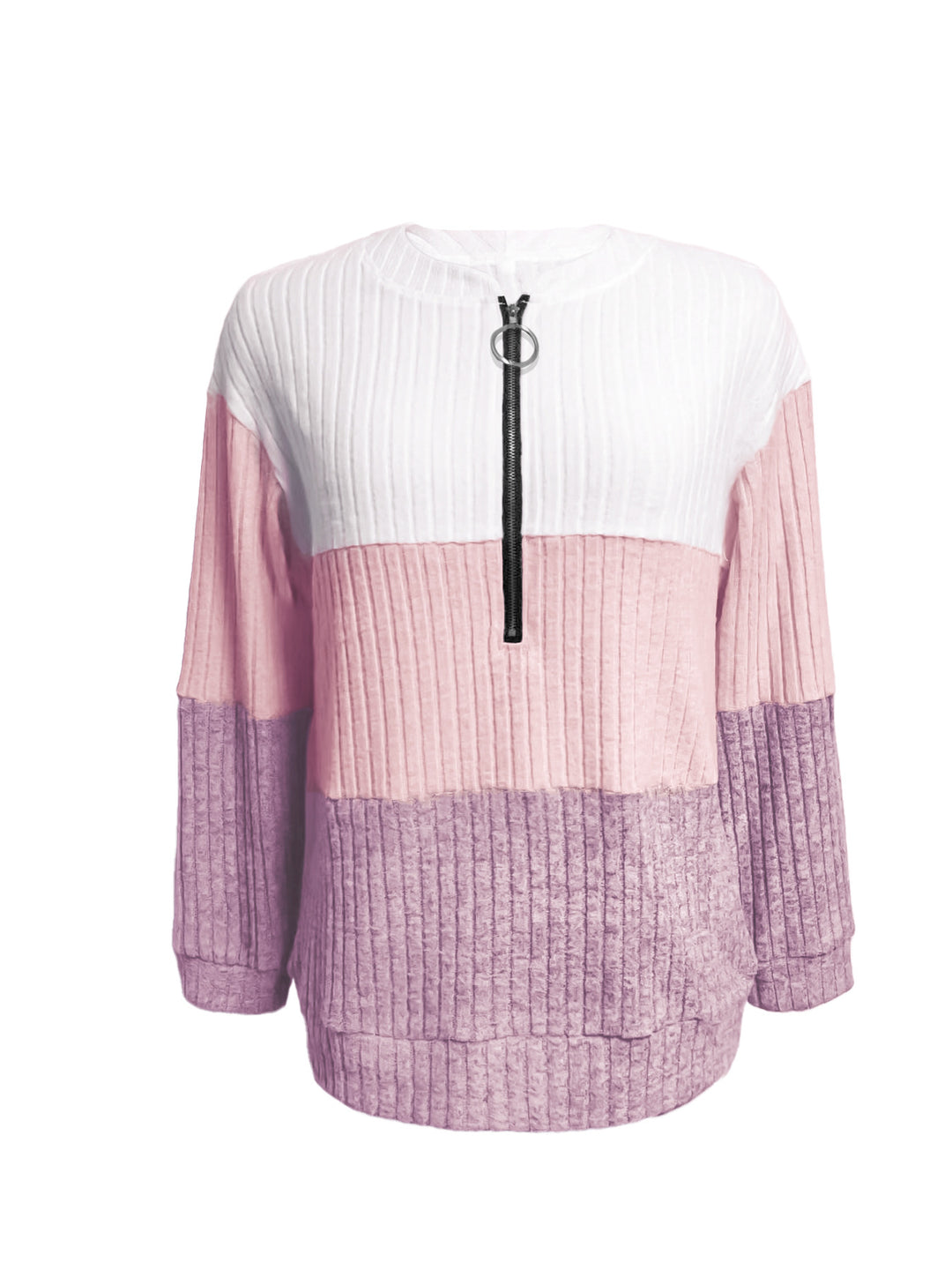 Damen nan gerippter Longpullover mit Ringreißverschluss und Colorblock-Struktur Drune