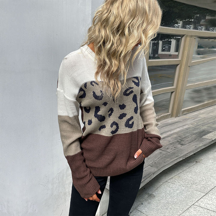 Damen Langarm-Feinstrickpullover mit dezentem Leoprint und Blockstreifen Drune