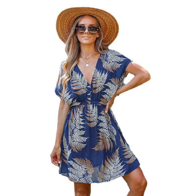 Damen Maxikleid mit botanischem Muster und tiefem V-Ausschnitt Drune