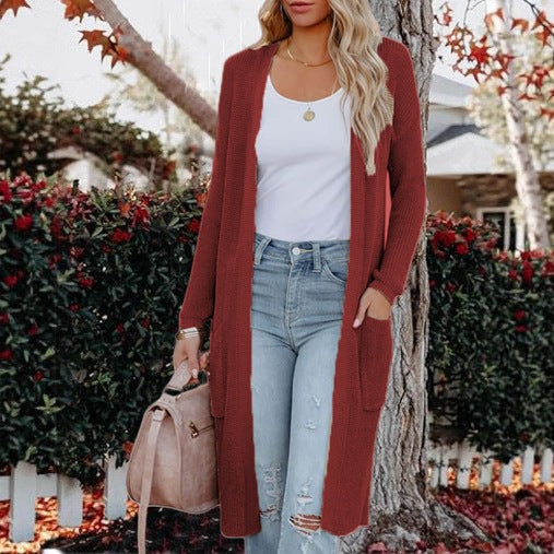 Damen Langer Strickcardigan mit elegantem offenes Design und praktischen Taschen Drune
