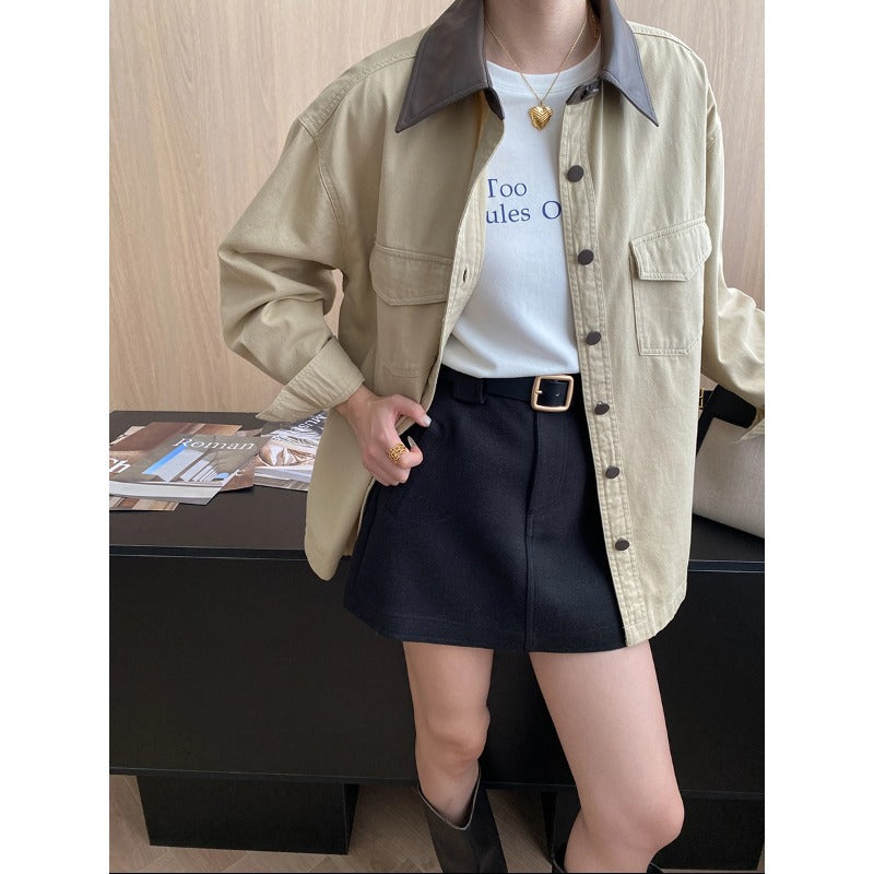 Damen lässige Utility-Hemdjacke mit kontrastierendem Kragen und praktischen Taschen Drune
