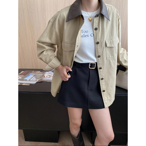 Damen lässige Utility-Hemdjacke mit kontrastierendem Kragen und praktischen Taschen Drune