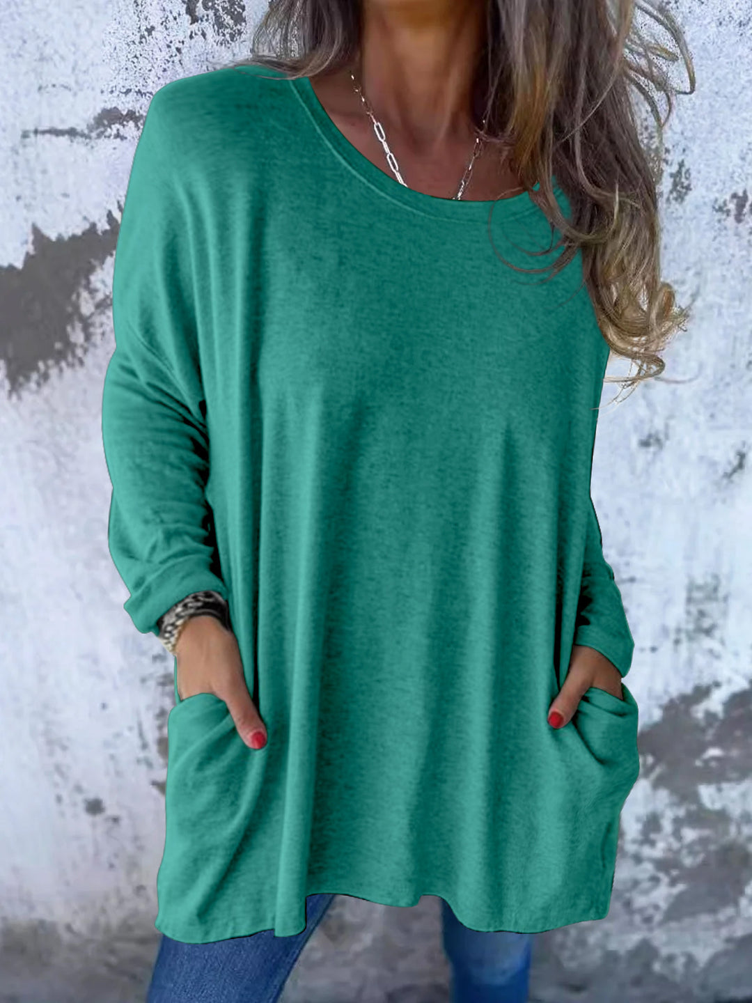 Damen Weiches Oversize Langarmshirt mit Rundhalsausschnitt, Lässigen Ärmeln und Seitentaschen Drune