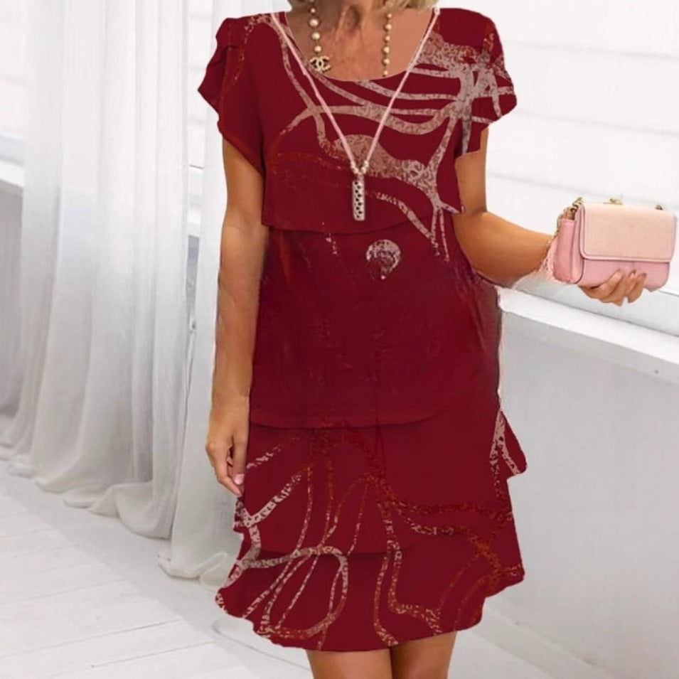 Damen Fließendes Maxi-Kleid mit eleganten Volant-Details und kreativem Grafikmuster Drune